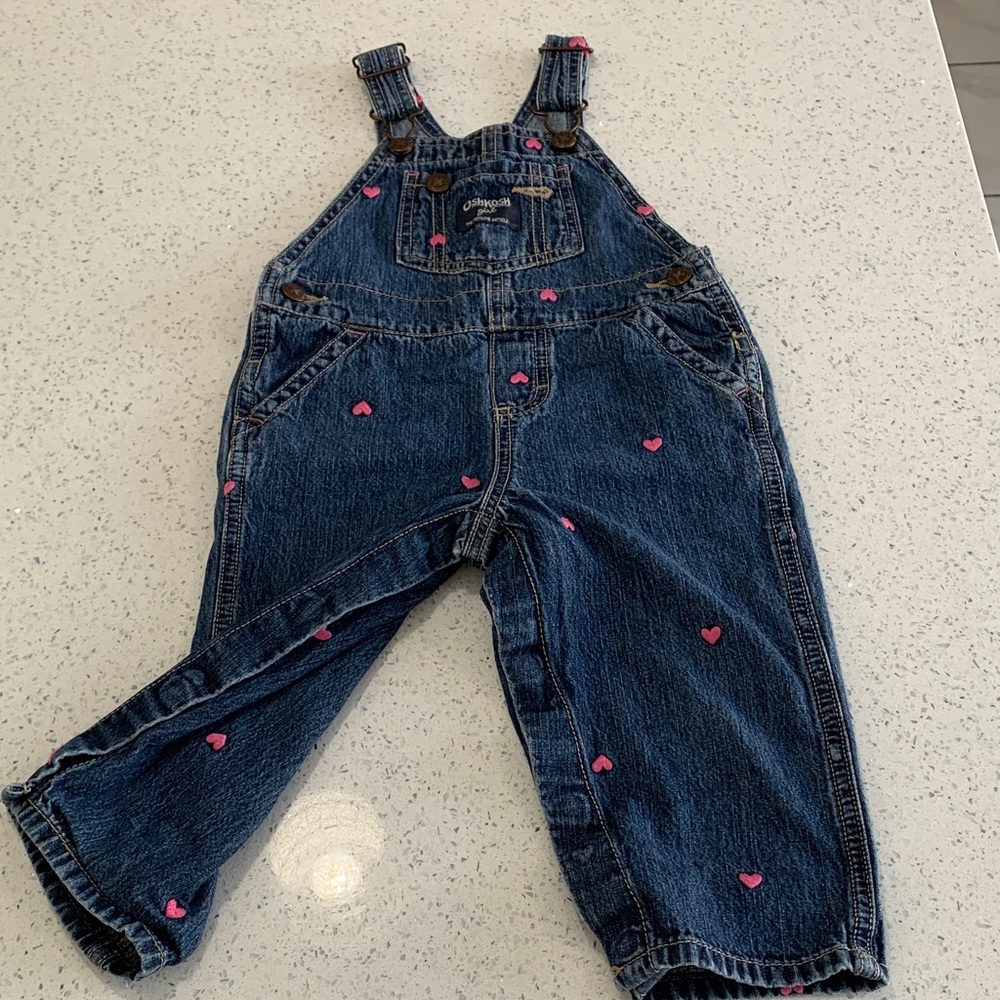 OshKosh B'gosh Dark Blue Denim Overalls with Pink Heart Details